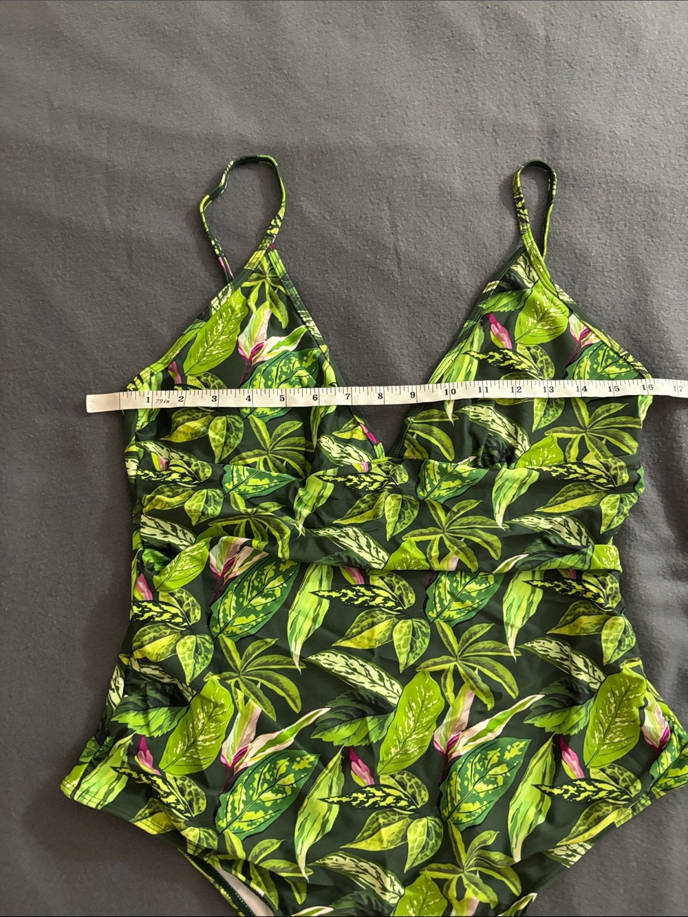 XXL Tropical Leaf Print One Piece Swimsuit Ruched V Neck Adjustable Straps - Picture 2 of 6
